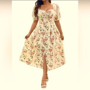 Floral midi dress sweetheart neckline button front puff sleeve feminine Dress XS